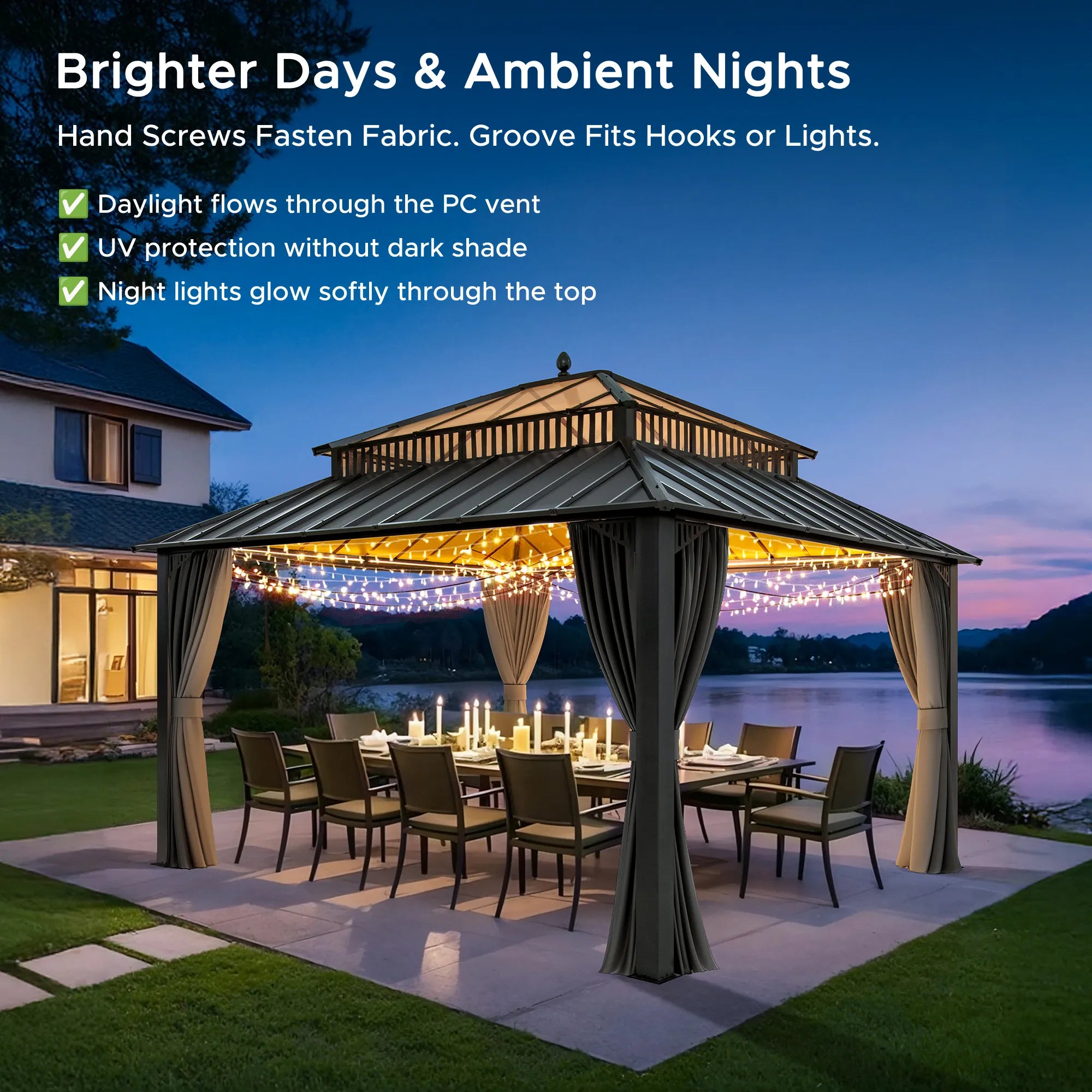 SUNJOY Kingston 12x14 Gazebo with Netting & Curtain | Steel Roof with Extra-Tall & Oversized PC Vent Top - Gray Aluminum Posts 