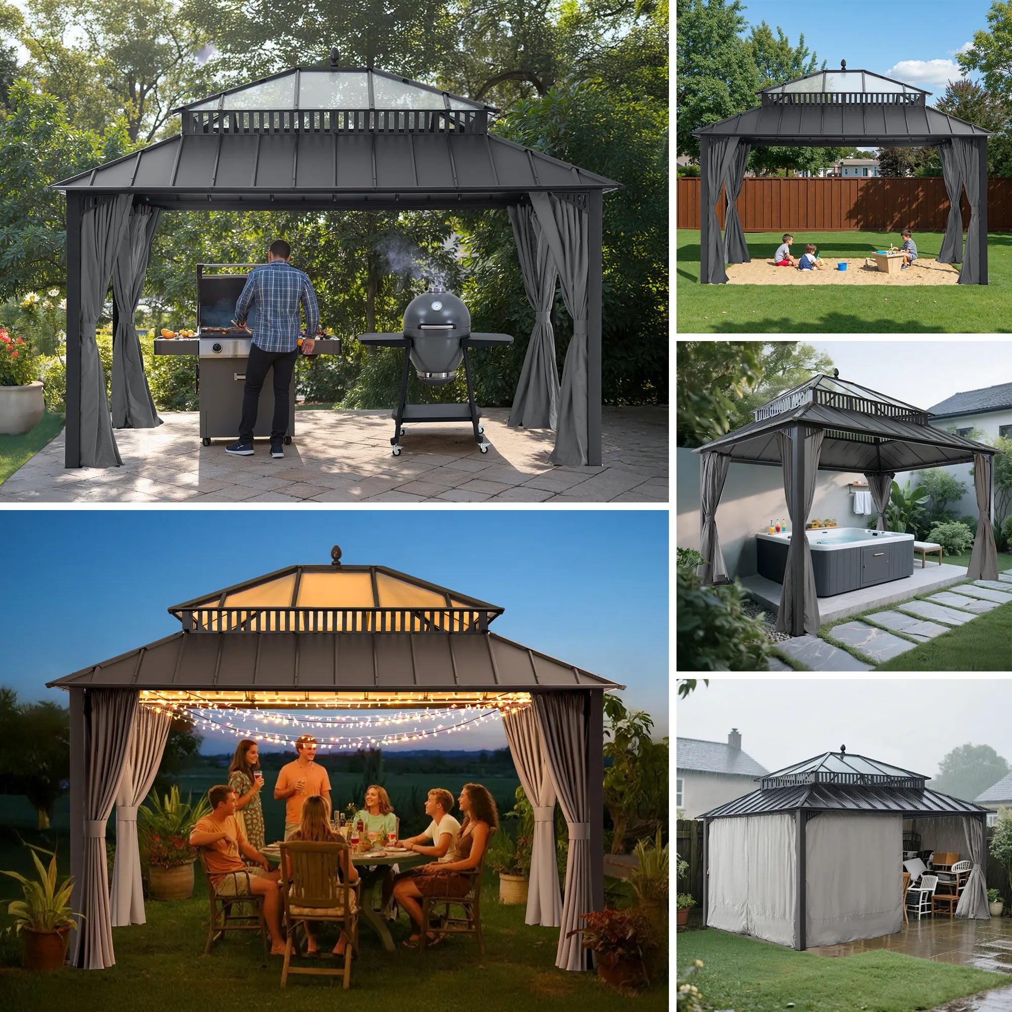 SUNJOY Kingston 12x14 Gazebo with Netting & Curtain | Steel Roof with Extra-Tall & Oversized PC Vent Top - Gray Aluminum Posts 