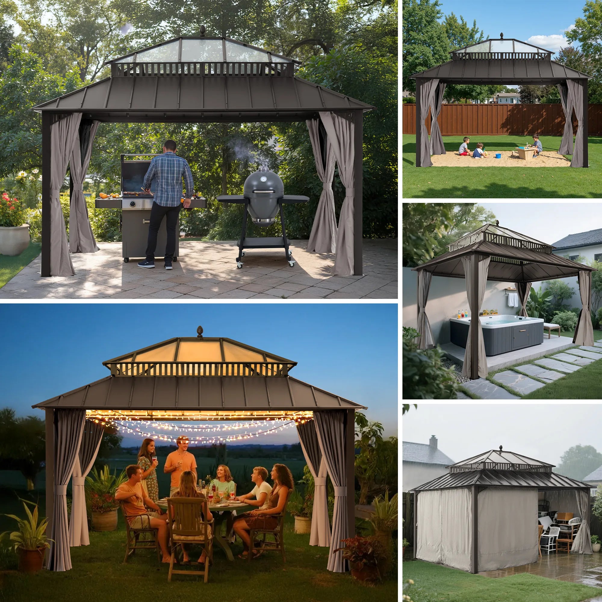 SUNJOY Kingston 12x14 Gazebo with Netting & Curtain | Steel Roof with Extra-Tall & Oversized PC Vent Top - Brown Aluminum Posts