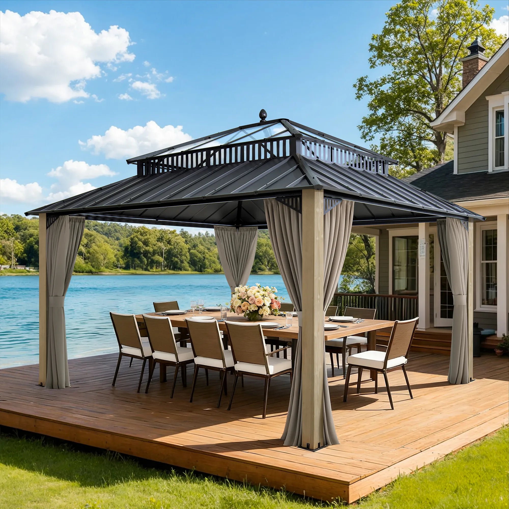 SUNJOY Kingston 12x14 Gazebo with Netting & Curtain | Steel Roof with Extra-Tall & Oversized PC Vent Top - Cedar Wood Posts