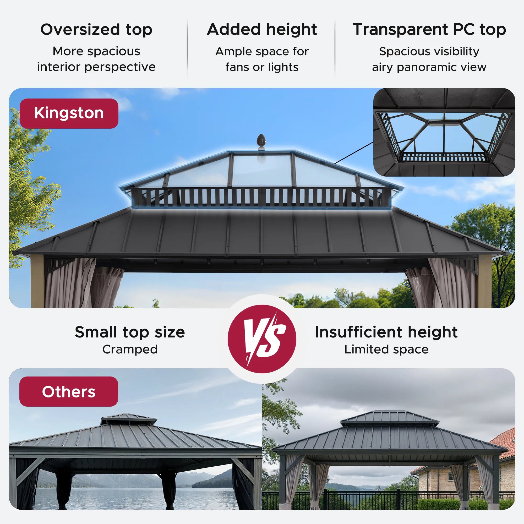 SUNJOY Kingston 12x14 Gazebo with Netting & Curtain | Steel Roof with Extra-Tall & Oversized PC Vent Top - Cedar Wood Posts 
