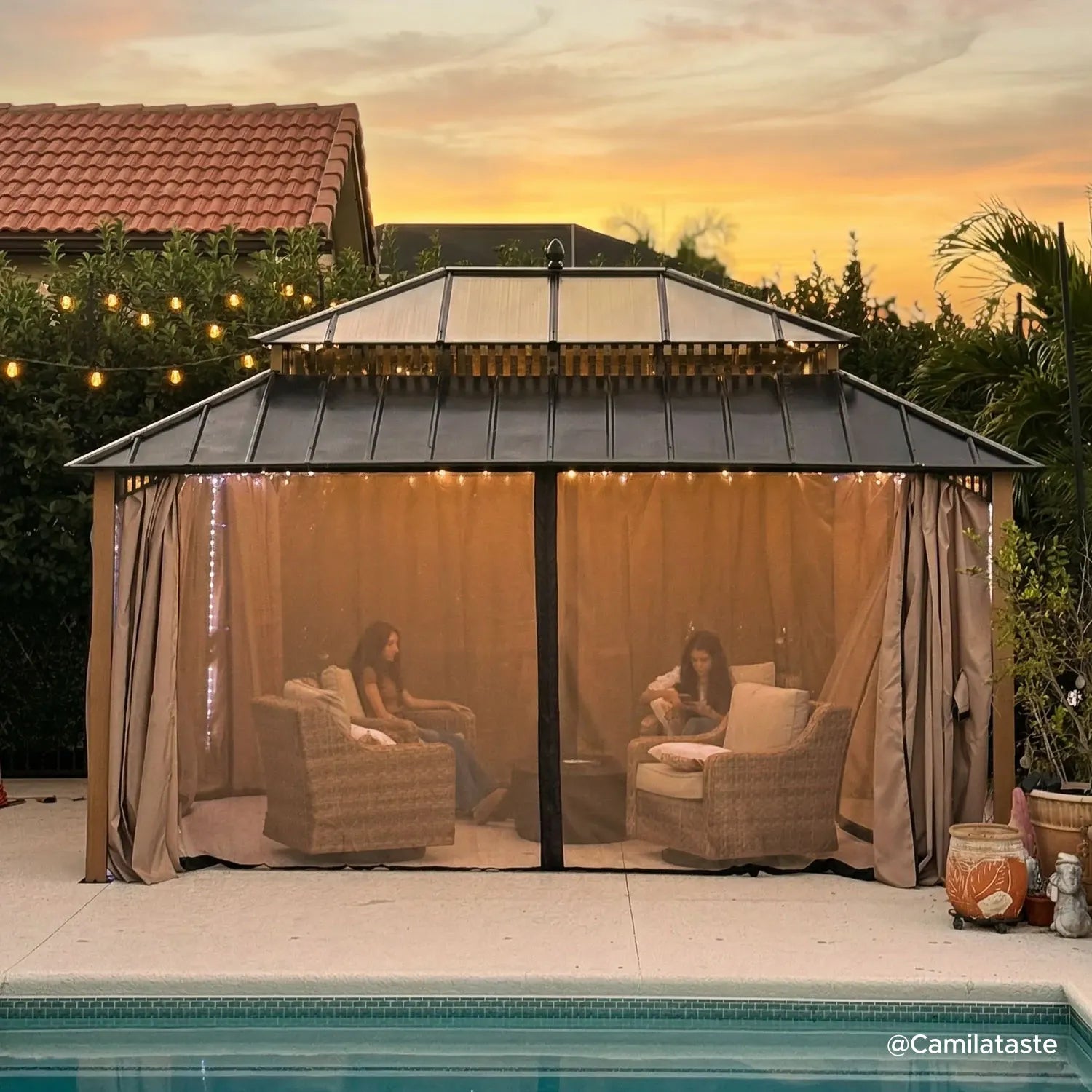 SUNJOY Kingston 12x16 Gazebo with Netting & Curtain | Steel Roof with Extra-Tall & Oversized PC Vent Top - Woodgrain Aluminum Posts