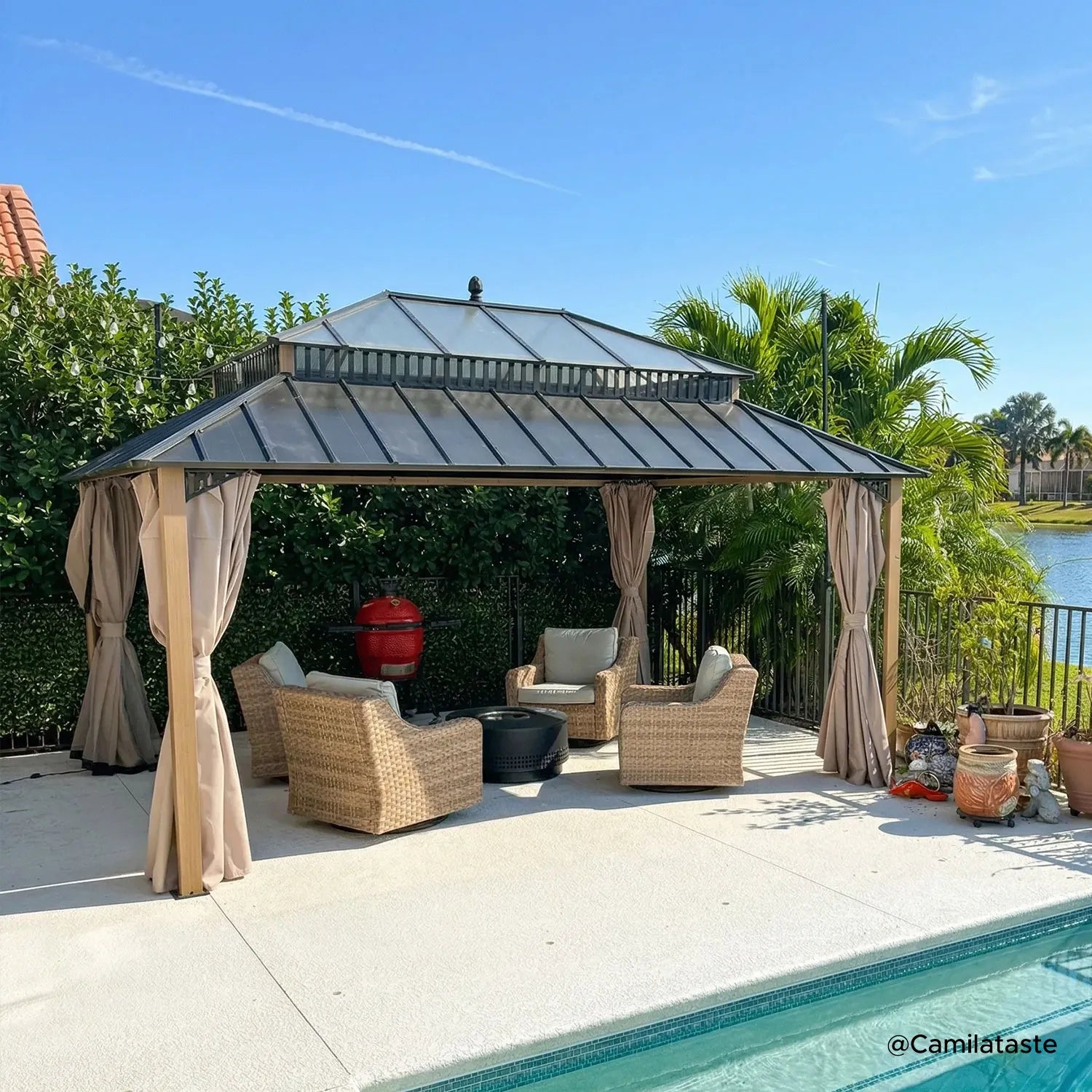 SUNJOY Kingston 12x16 Gazebo with Netting & Curtain | Steel Roof with Extra-Tall & Oversized PC Vent Top - Woodgrain Aluminum Posts