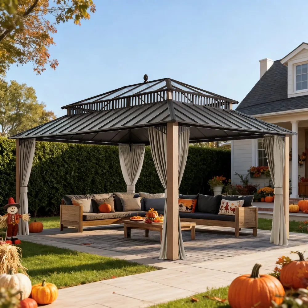 Outdoor patio with a gazebo, outdoor furniture, and pumpkins on a sunny day.
