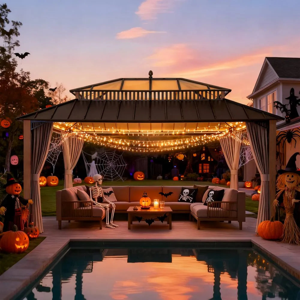 Halloween-themed outdoor patio with decorations around a pool at dusk.