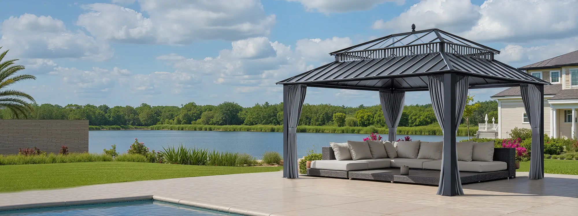 SUNJOY Kingston 12x16 Gazebo with Netting & Curtain | Steel Roof with Extra-Tall & Oversized PC Vent Top - Gray Aluminum Posts