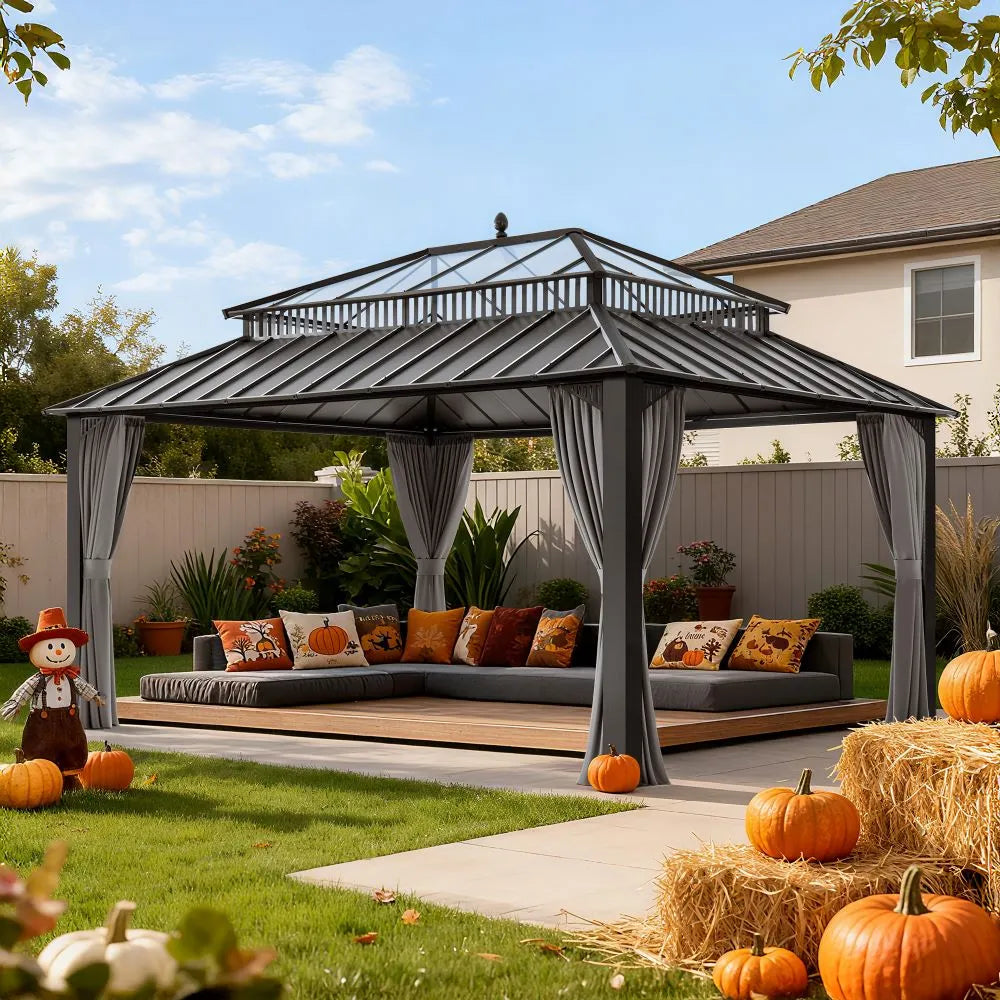 Outdoor gazebo with seating area, pumpkins, and hay bales in a backyard setting.