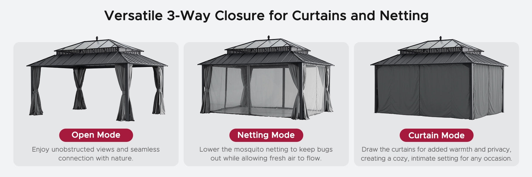 SUNJOY Kingston 12x16 Gazebo with Netting & Curtain | Steel Roof with Extra-Tall & Oversized PC Vent Top - Gray Aluminum Posts