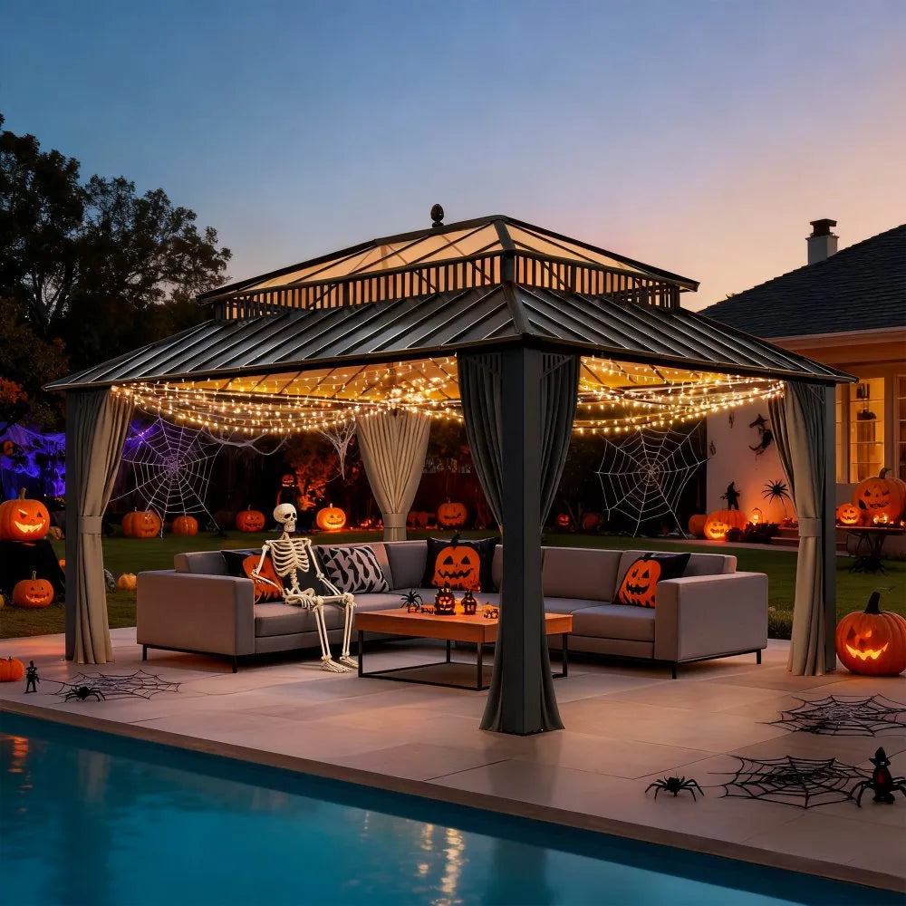 Halloween-themed outdoor gazebo with lights, pumpkins, and decorations by a pool.