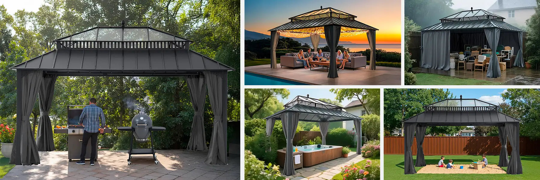 SUNJOY Kingston 12x16 Gazebo with Netting & Curtain | Steel Roof with Extra-Tall & Oversized PC Vent Top - Gray Aluminum Posts