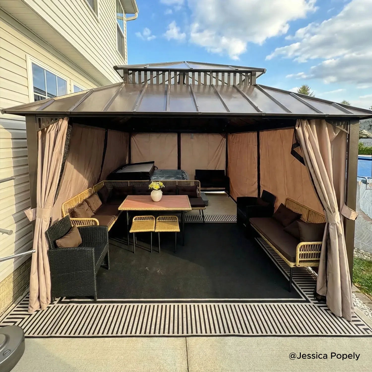 SUNJOY Kingston 12x16 Gazebo with Netting & Curtain | Steel Roof with Extra-Tall & Oversized PC Vent Top - Brown Aluminum Posts