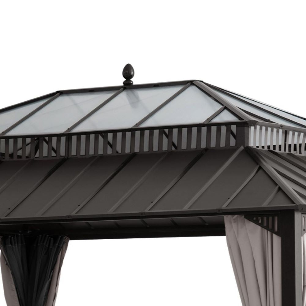 SUNJOY Kingston 12x16 Gazebo with Netting & Curtain | Steel & PC Roof - Brown Aluminum Posts