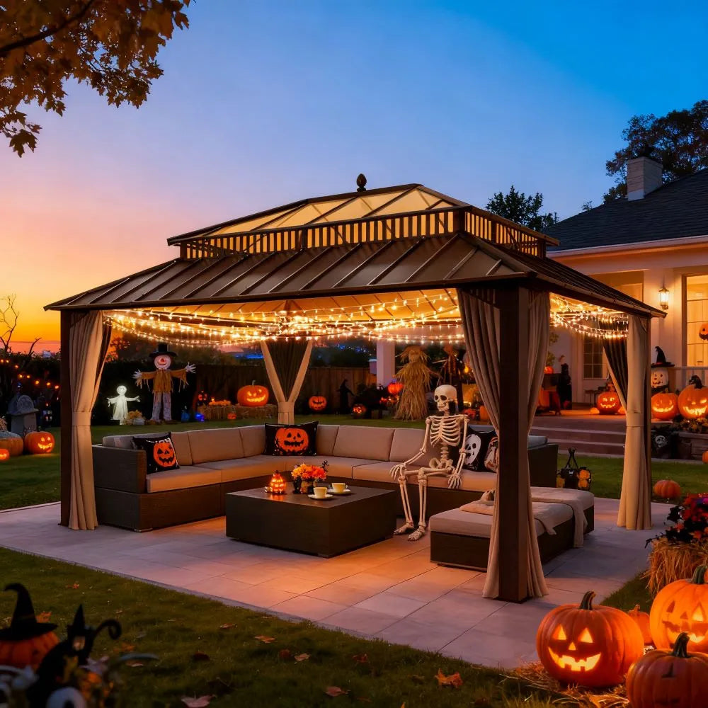 Halloween-themed outdoor gazebo with decorations and pumpkins at dusk.
