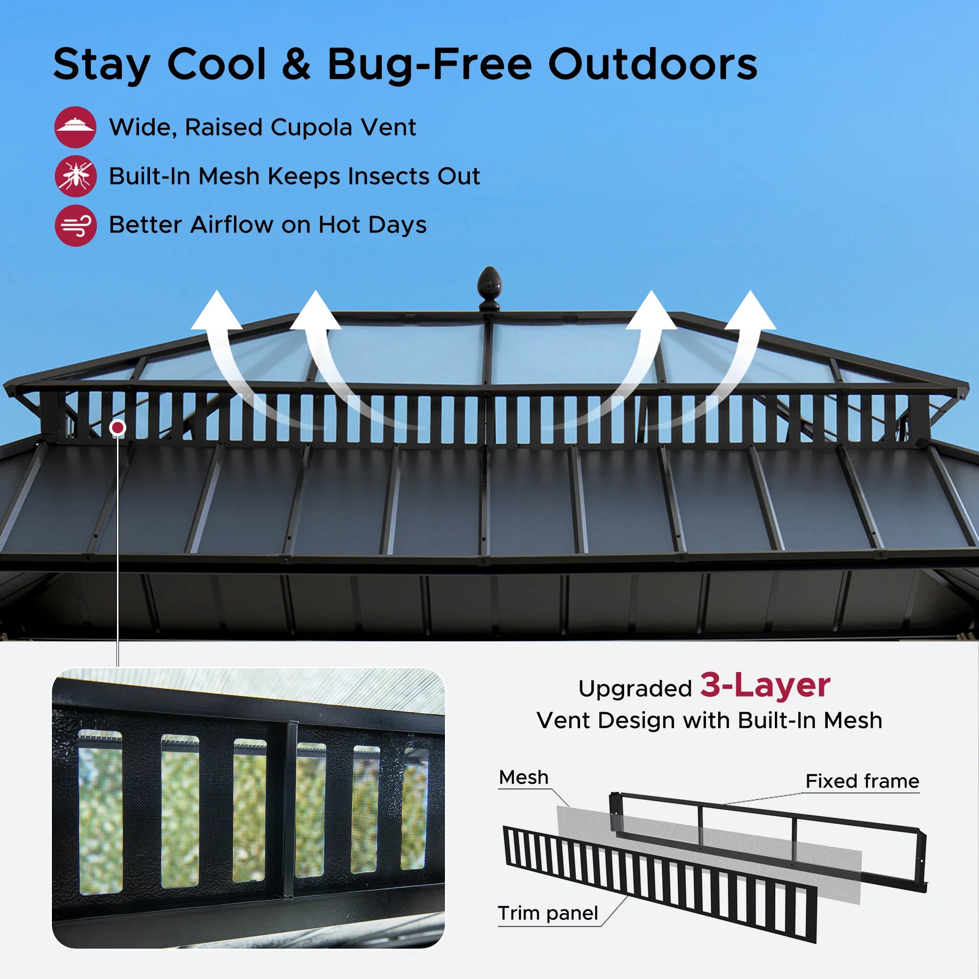 SUNJOY Kingston 12x16 Gazebo with Netting & Curtain | Steel Roof with Extra-Tall & Oversized PC Vent Top - Wood Posts