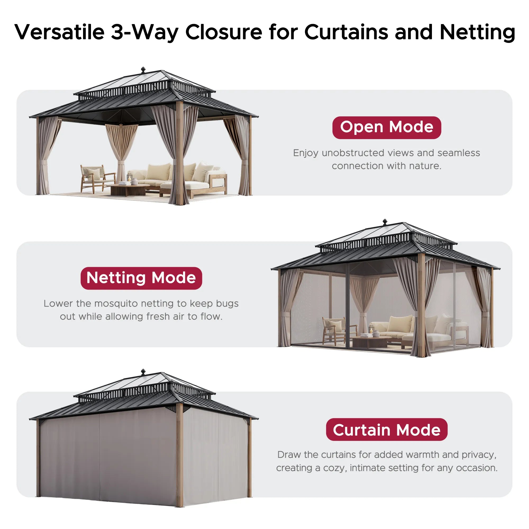 SUNJOY Kingston 12x16 Gazebo with Netting & Curtain | Steel Roof with Extra-Tall & Oversized PC Vent Top - Wood Posts
