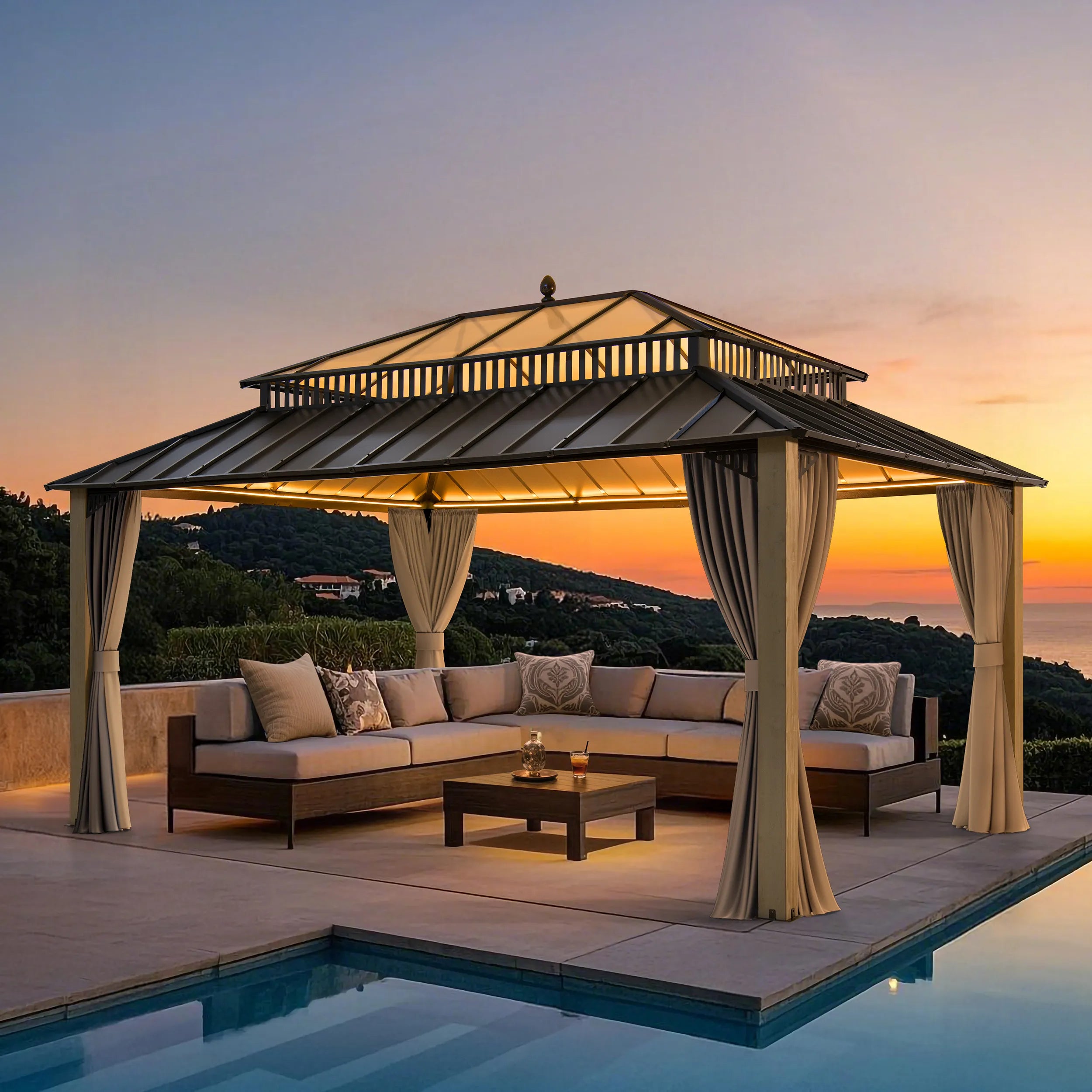 SUNJOY Kingston 12x16 Gazebo with Netting & Curtain | Steel Roof with Extra-Tall & Oversized PC Vent Top - Wood Posts