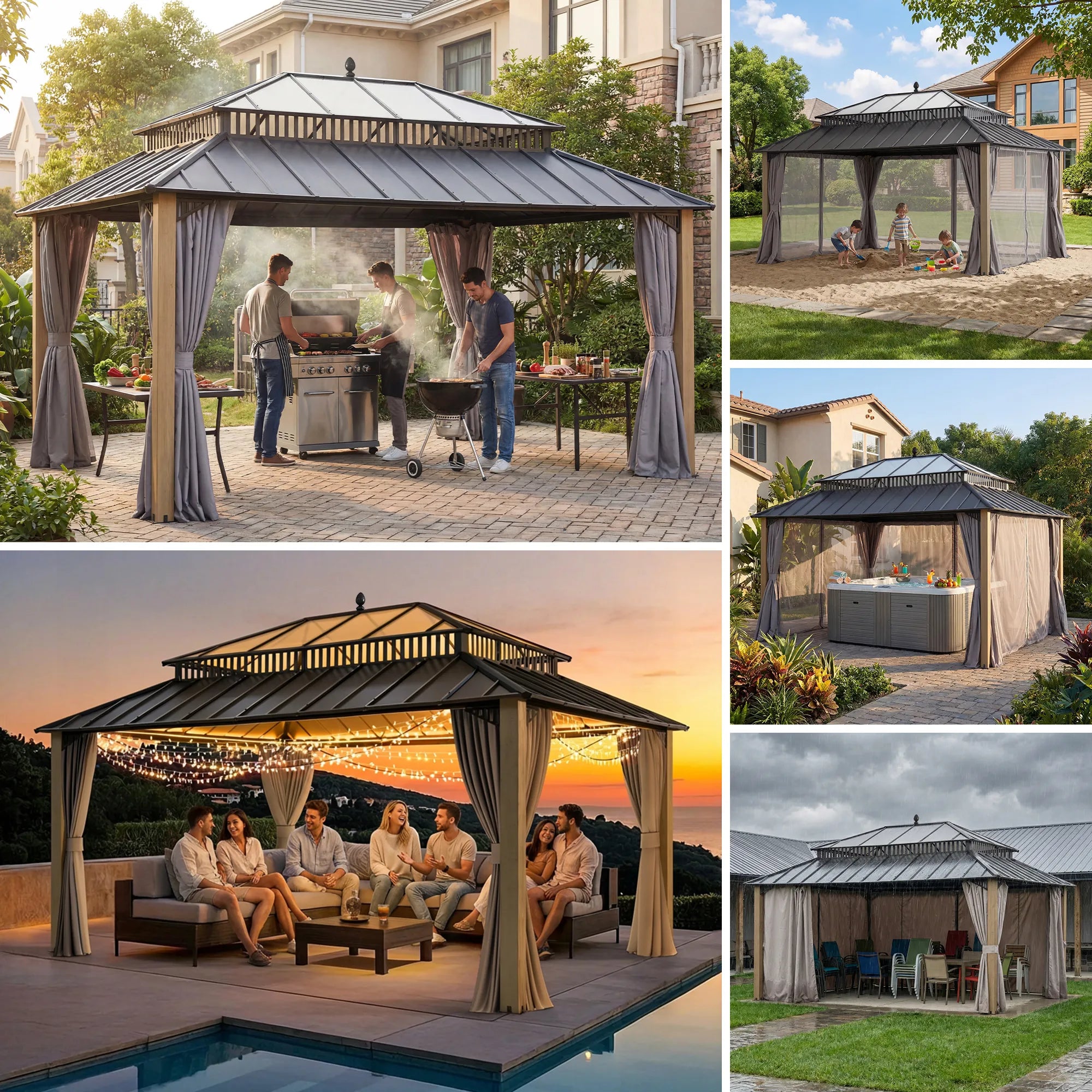 SUNJOY Kingston 12x16 Gazebo with Netting & Curtain | Steel Roof with Extra-Tall & Oversized PC Vent Top - Wood Posts