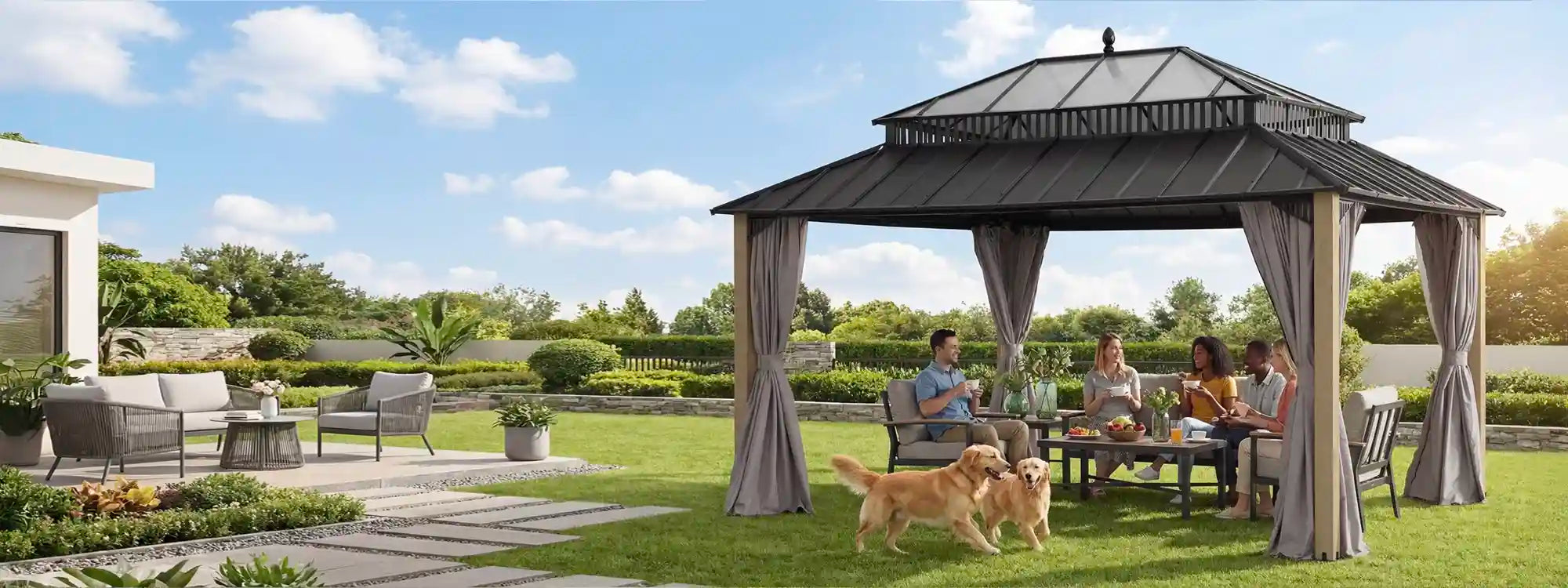 SUNJOY Kingston 12x16 Gazebo with Netting & Curtain | Steel Roof with Extra-Tall & Oversized PC Vent Top - Wood Posts