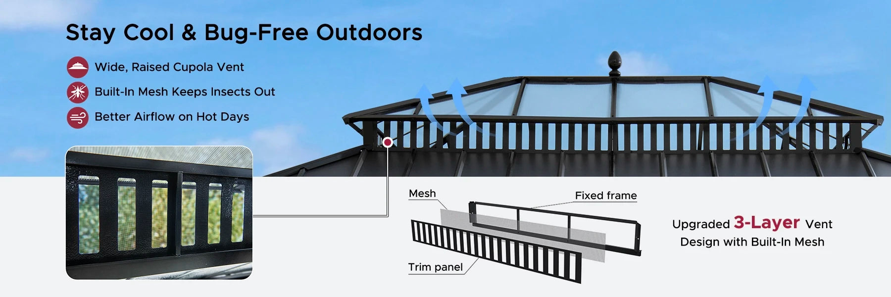 SUNJOY Kingston 12x16 Gazebo with Netting & Curtain | Steel Roof with Extra-Tall & Oversized PC Vent Top - Wood Posts