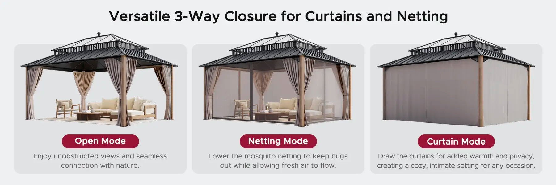 SUNJOY Kingston 12x16 Gazebo with Netting & Curtain | Steel Roof with Extra-Tall & Oversized PC Vent Top - Wood Posts