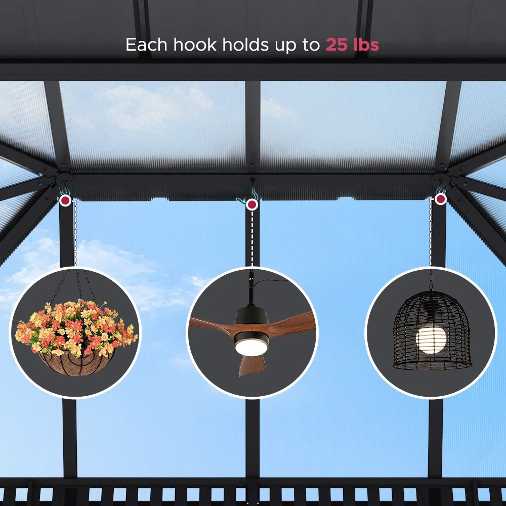 SUNJOY Kingston 12x16 Gazebo with Netting & Curtain | Steel Roof with Extra-Tall & Oversized PC Vent Top - Wood Posts