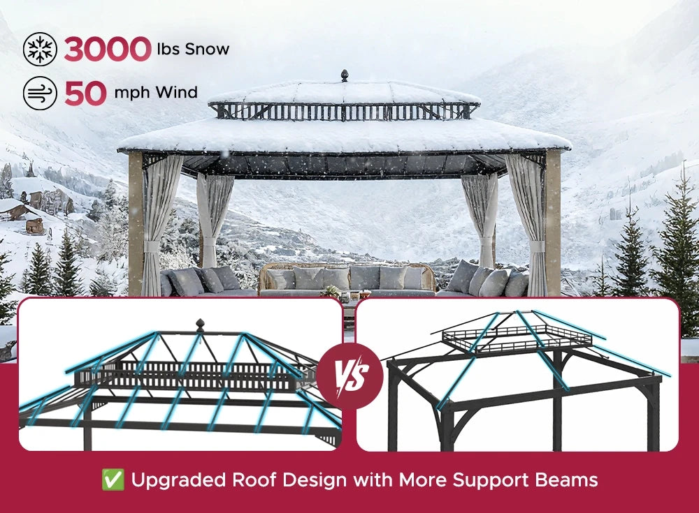 SUNJOY Kingston 12x16 Gazebo with Netting & Curtain | Steel Roof with Extra-Tall & Oversized PC Vent Top - Wood Posts