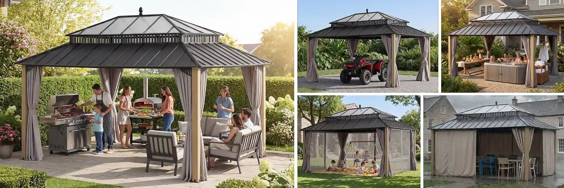 SUNJOY Kingston 12x16 Gazebo with Netting & Curtain | Steel Roof with Extra-Tall & Oversized PC Vent Top - Wood Posts