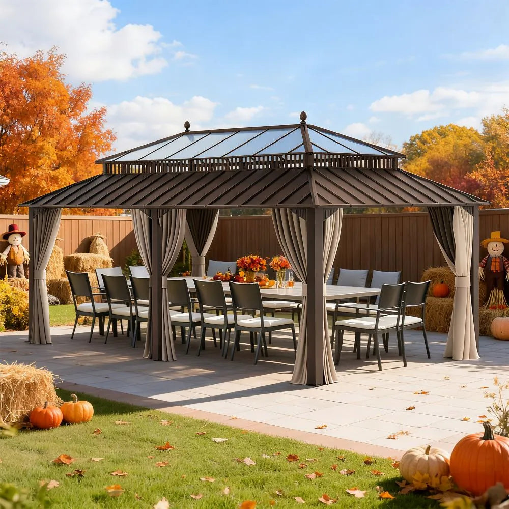 Outdoor gazebo with dining table and chairs in a fall setting with pumpkins and autumn foliage.