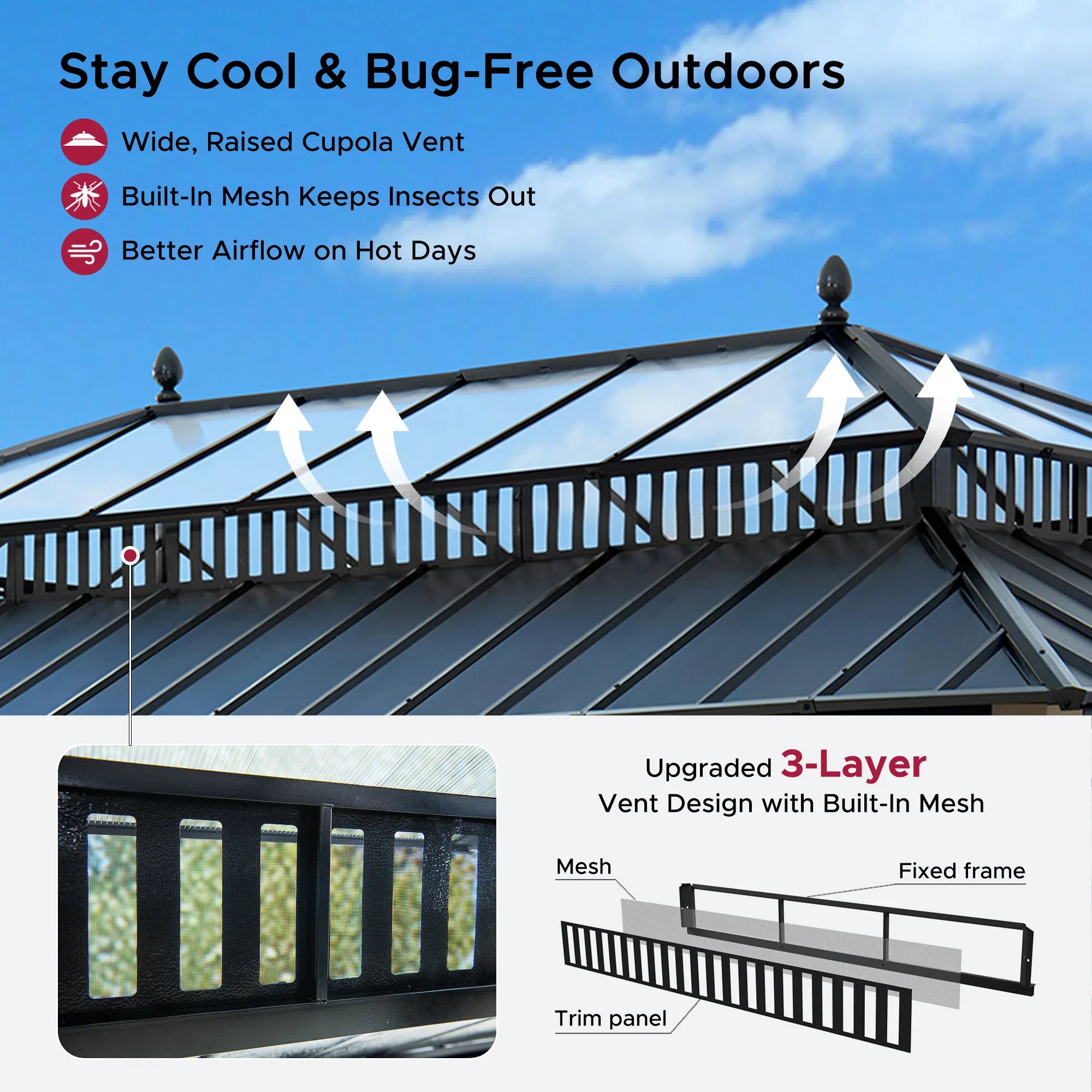 SUNJOY Kingston 12x20 Gazebo with Netting & Curtain | Steel Roof with Extra-Tall & Oversized PC Vent Top - Wood Posts