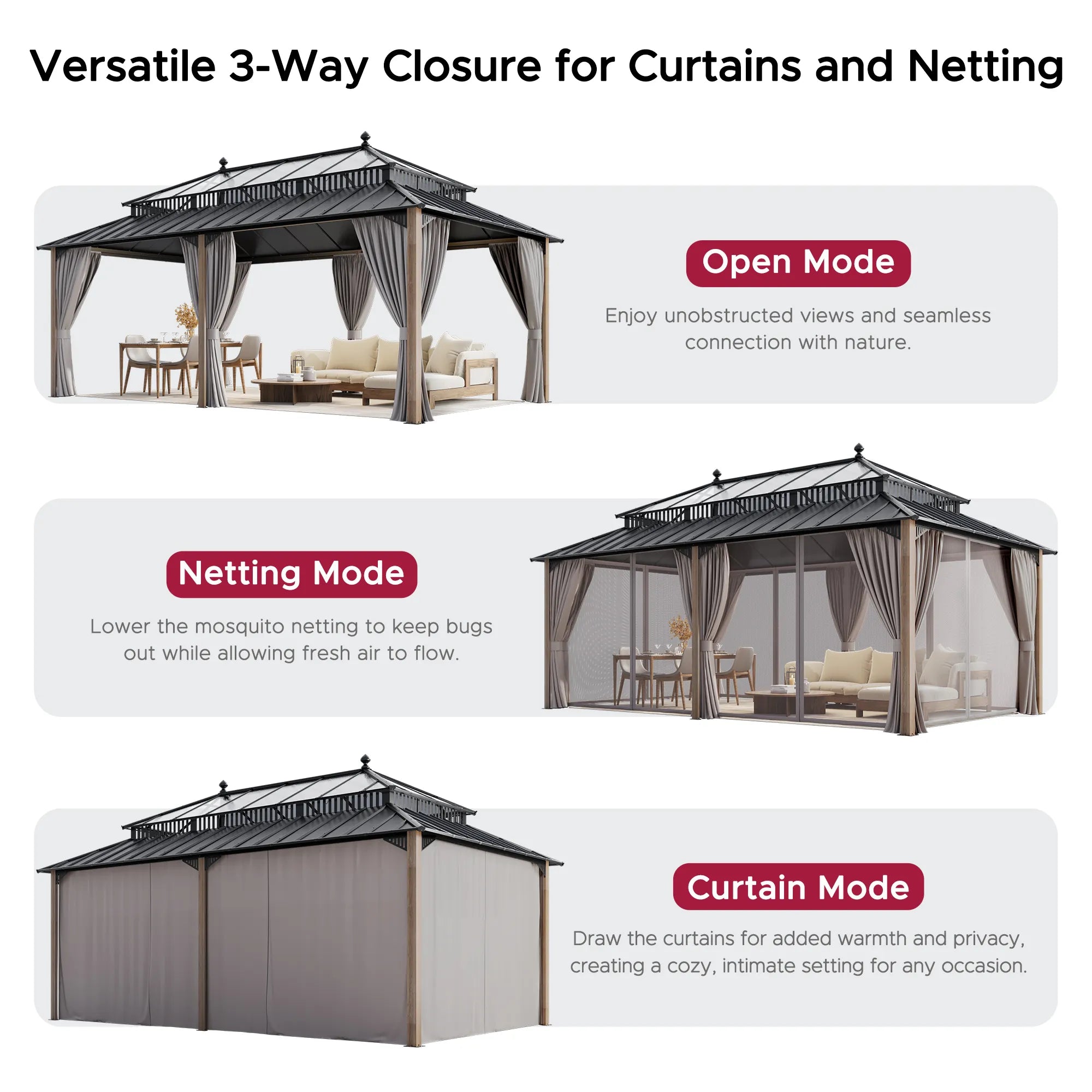 SUNJOY Kingston 12x20 Gazebo with Netting & Curtain | Steel Roof with Extra-Tall & Oversized PC Vent Top - Wood Posts