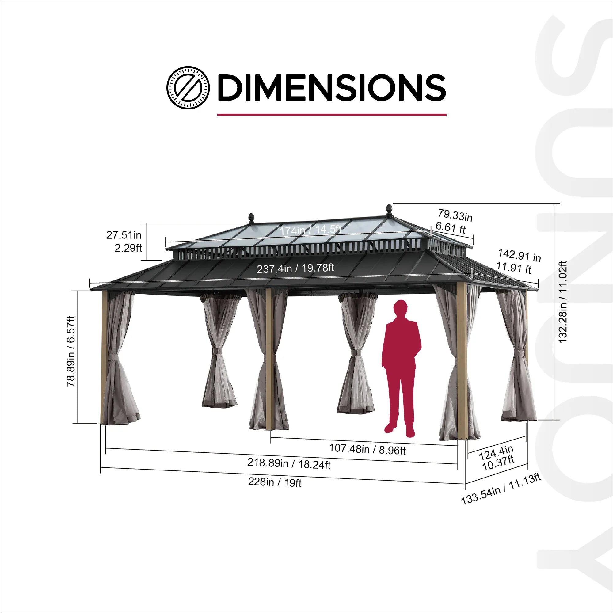 Large 12x20 Wood Gazebo for Patios with PC Roof & Curtains | SUNJOY