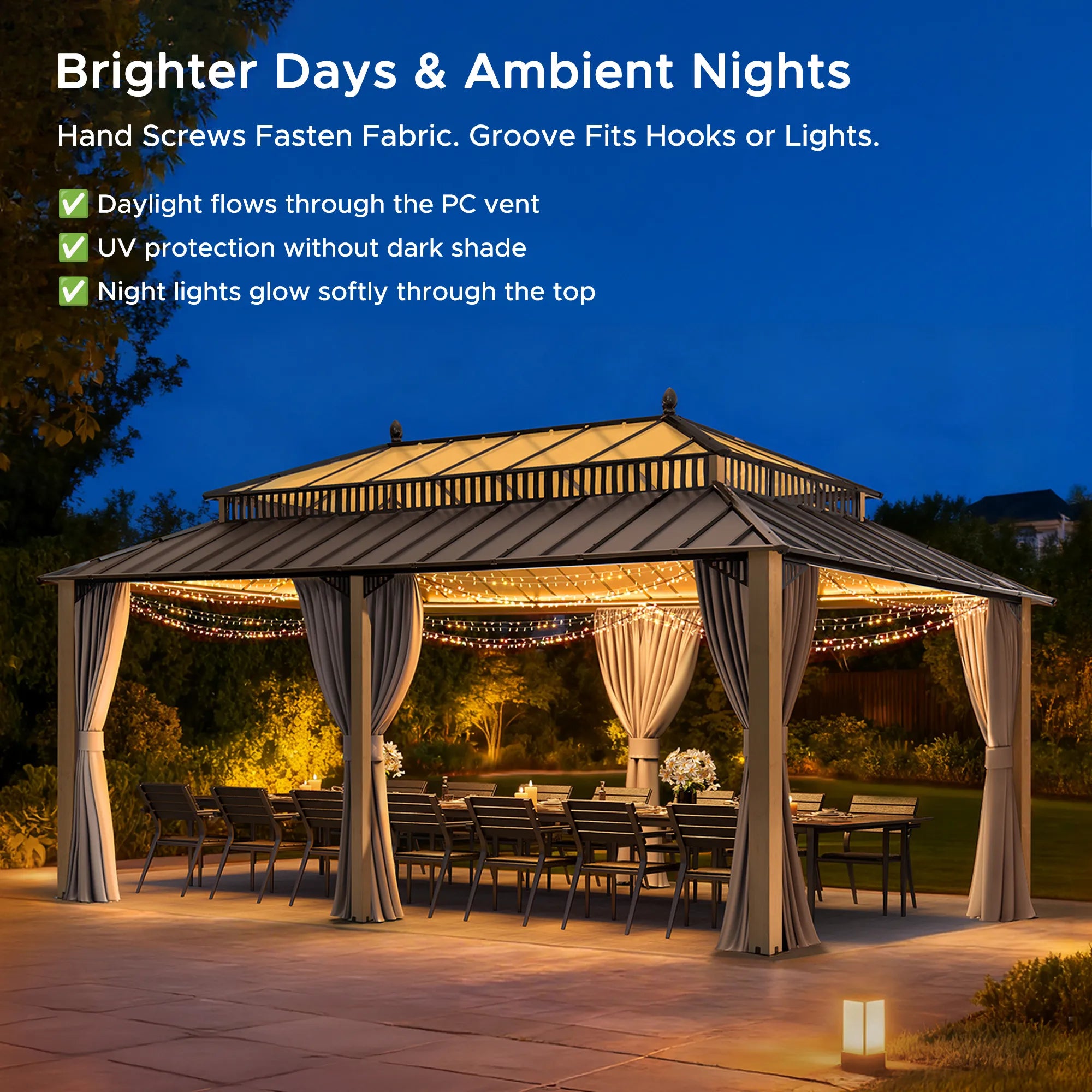 SUNJOY Kingston 12x20 Gazebo with Netting & Curtain | Steel Roof with Extra-Tall & Oversized PC Vent Top - Wood Posts