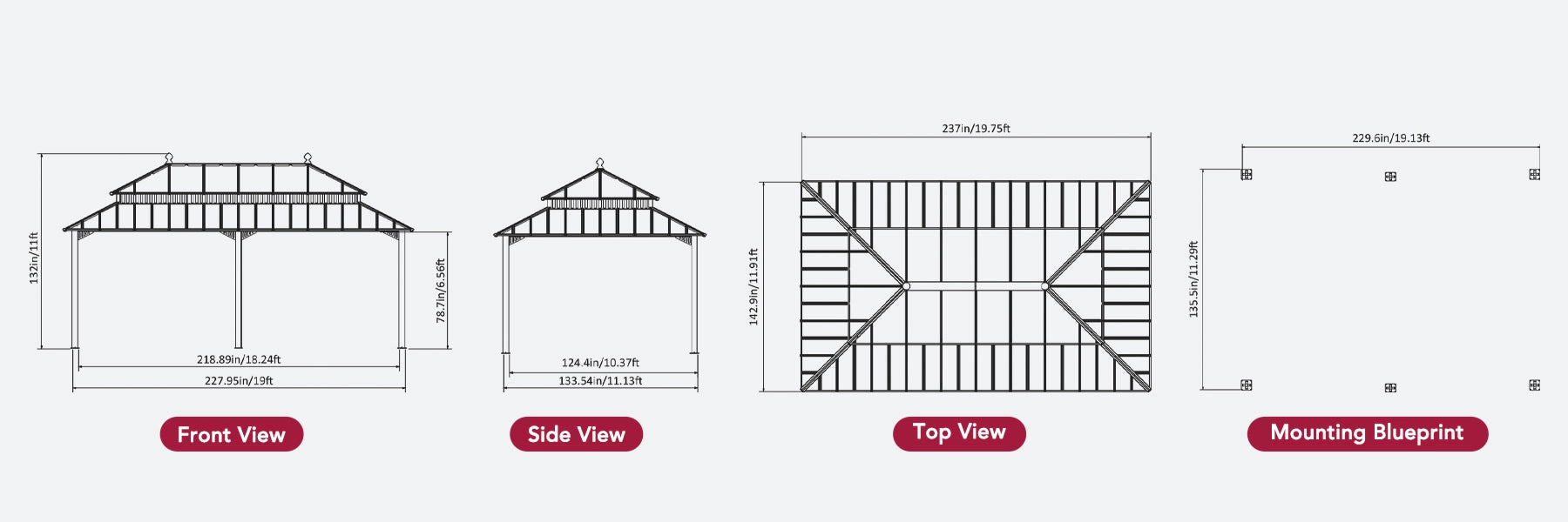 SUNJOY Kingston 12x20 Gazebo with Netting & Curtain | Steel Roof with Extra-Tall & Oversized PC Vent Top - Wood Posts