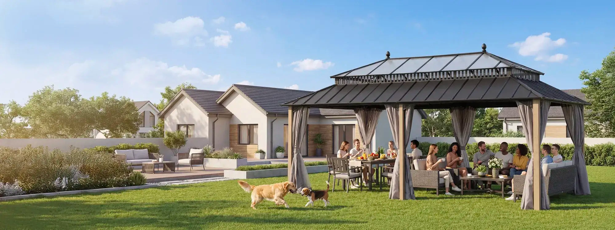 SUNJOY Kingston 12x20 Gazebo with Netting & Curtain | Steel Roof with Extra-Tall & Oversized PC Vent Top - Wood Posts