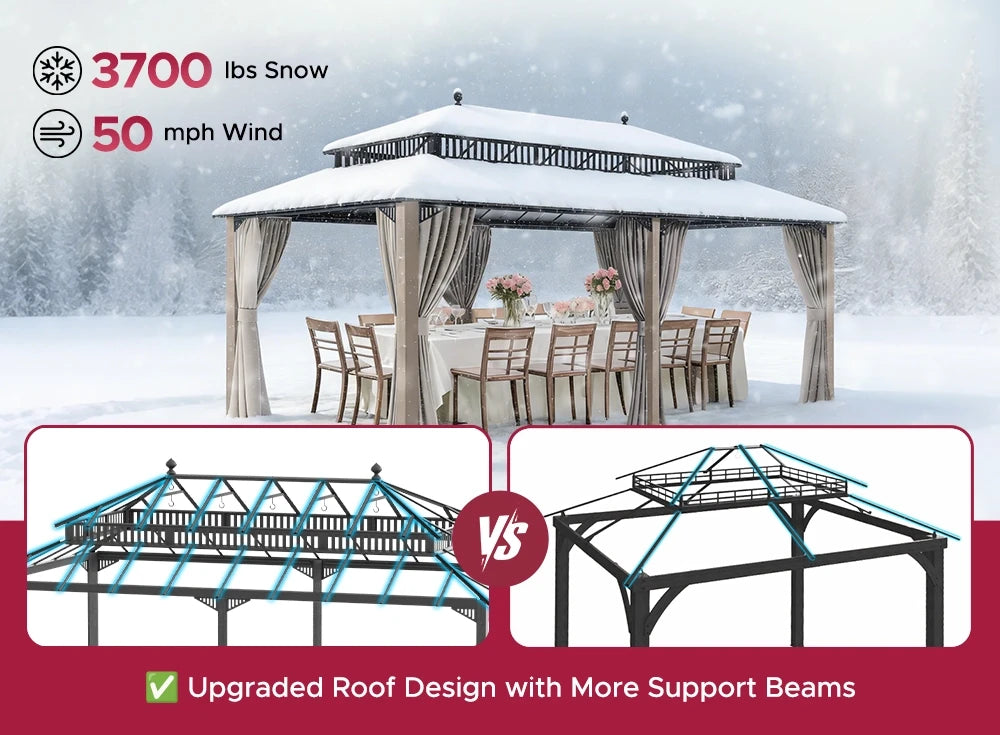 SUNJOY Kingston 12x20 Gazebo with Netting & Curtain | Steel Roof with Extra-Tall & Oversized PC Vent Top - Wood Posts