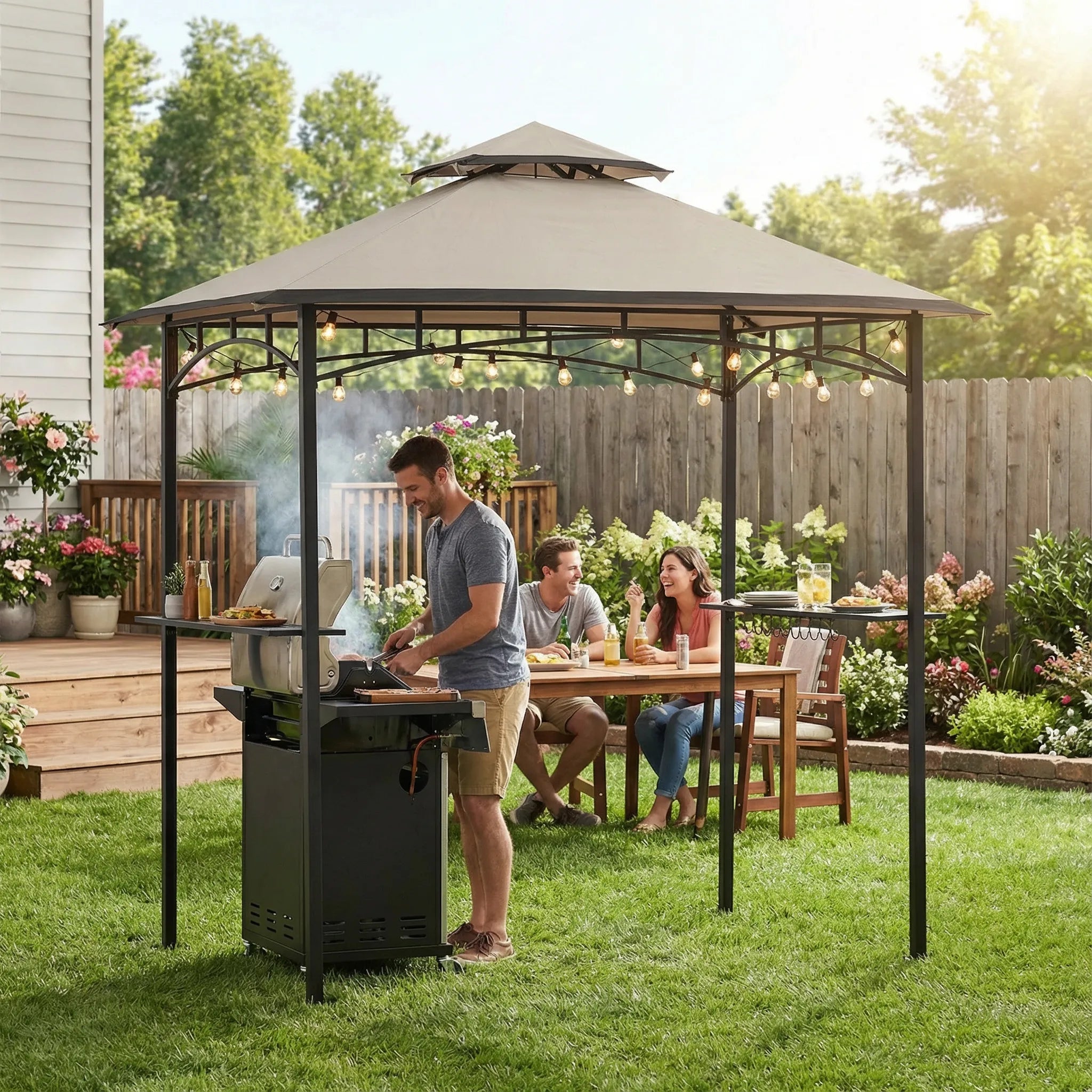 SUNJOY 8x5 BBQ Grill Gazebo with Bar Shelves and Hooks - Gray & Black
