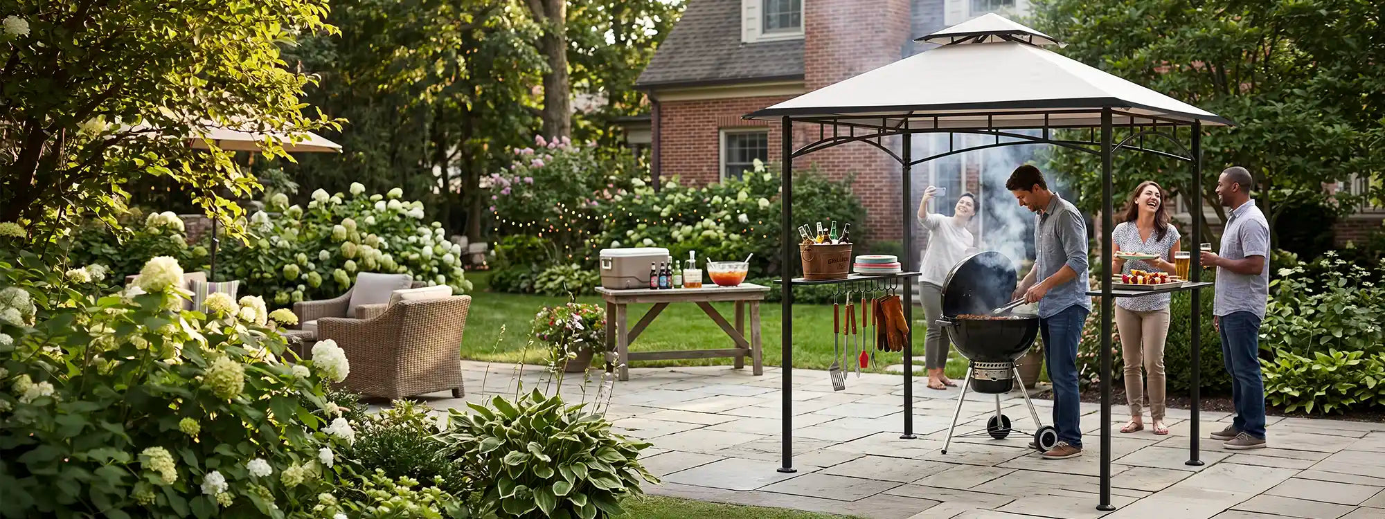 SUNJOY 8x5 BBQ Grill Gazebo with Bar Shelves and Hooks - Beige & Black