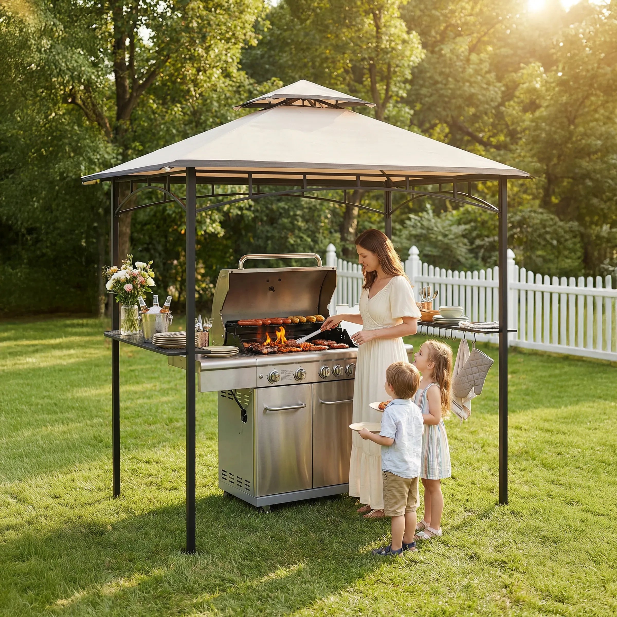 SUNJOY 8x5 BBQ Grill Gazebo with Bar Shelves and Hooks - Beige & Black