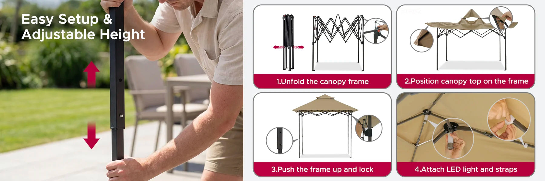 SUNJOY 8x5 Pop up Grill Gazebo with Magnetic LED Light and Carrying Bag - Brown