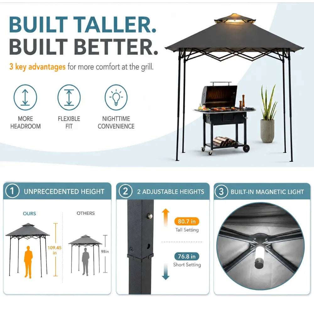 Nomad Extra-Tall Pop-Up Grill Gazebo, Height Adjustable - Gray, 8x5