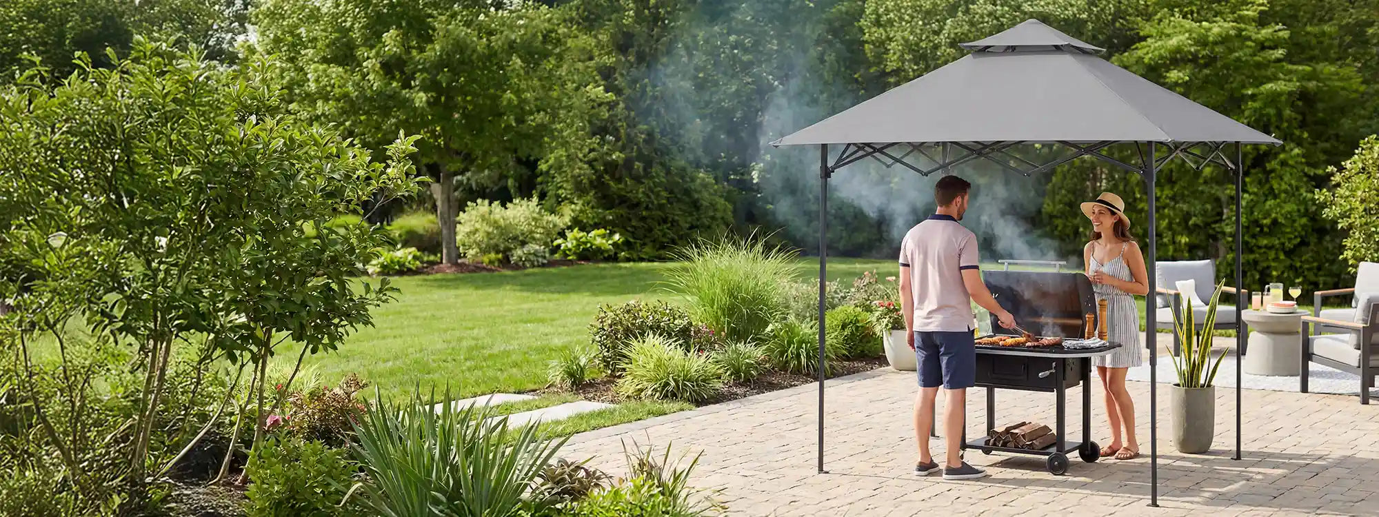 SUNJOY 8x5 Pop up Grill Gazebo with Magnetic LED Light and Carrying Bag - Gray