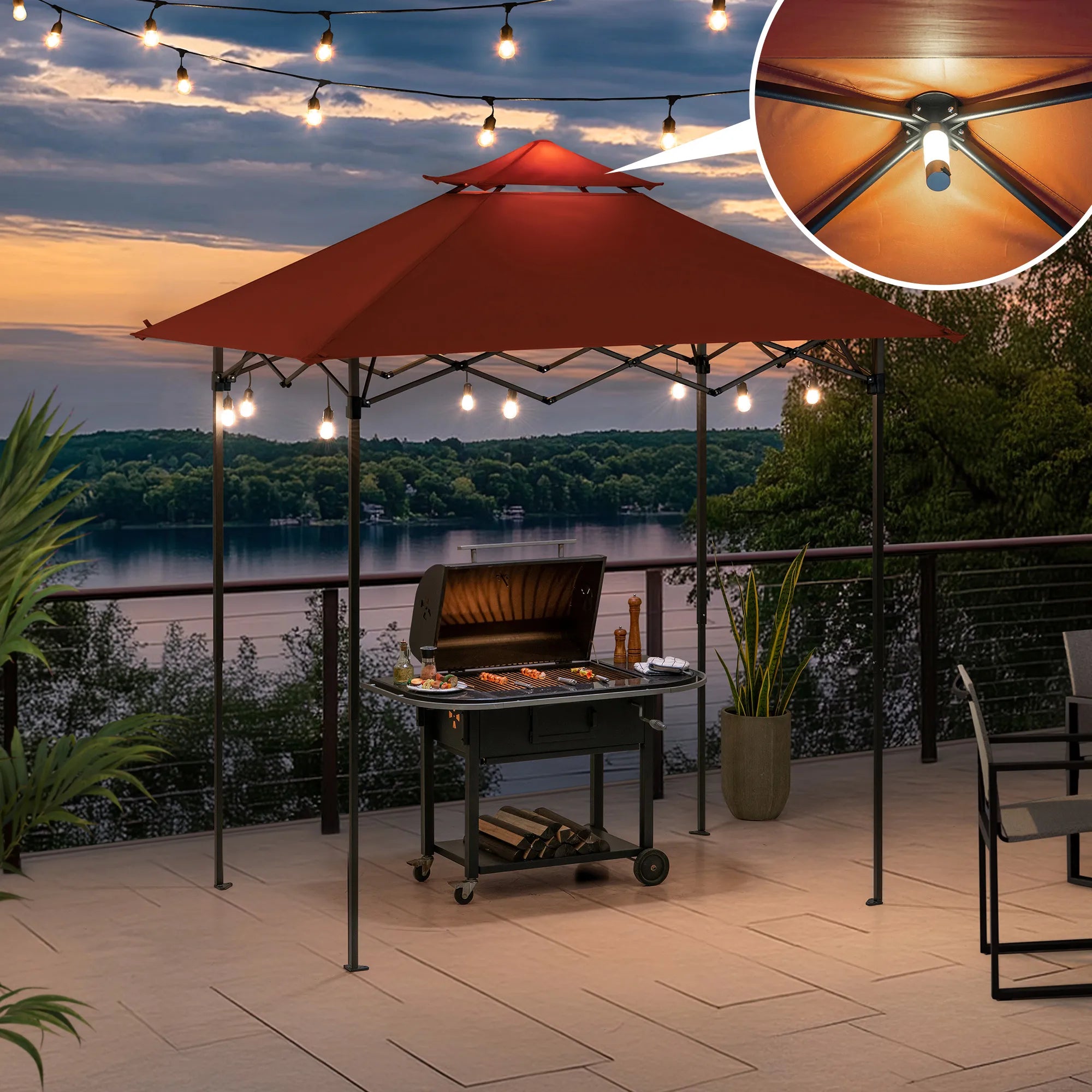SUNJOY 8x5 Pop up Grill Gazebo with Magnetic LED Light and Carrying Bag - Red