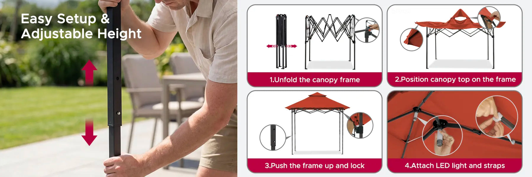 SUNJOY 8x5 Pop up Grill Gazebo with Magnetic LED Light and Carrying Bag - Red