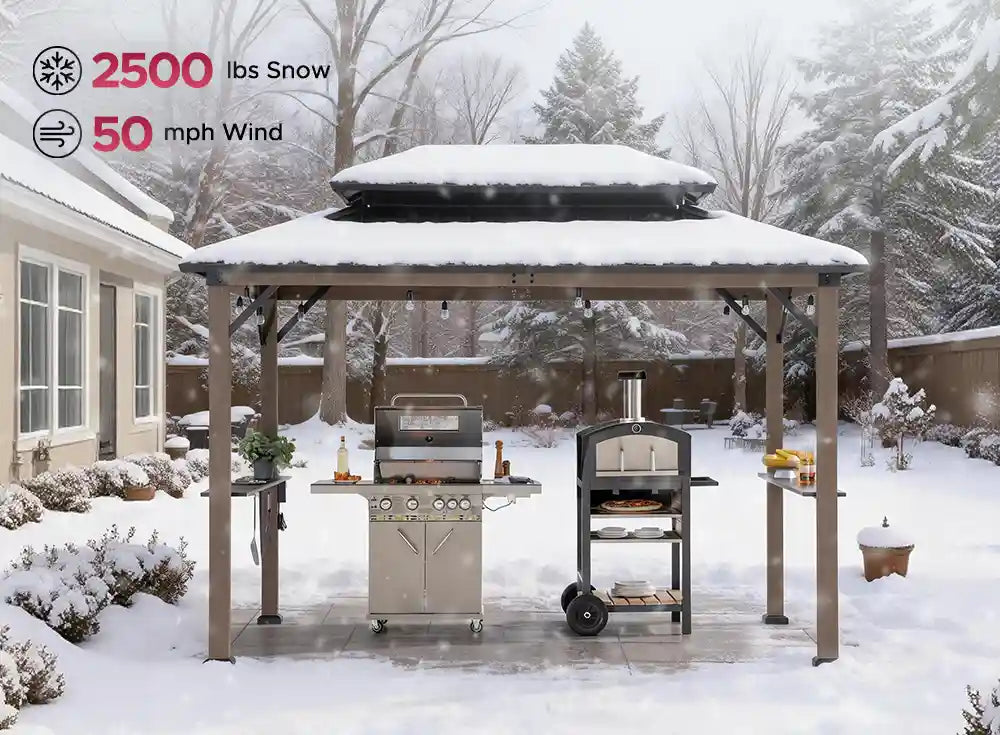 SUNJOY 8x12 Brown Hardtop Grill Gazebo with Electrical Outlets and Shelves