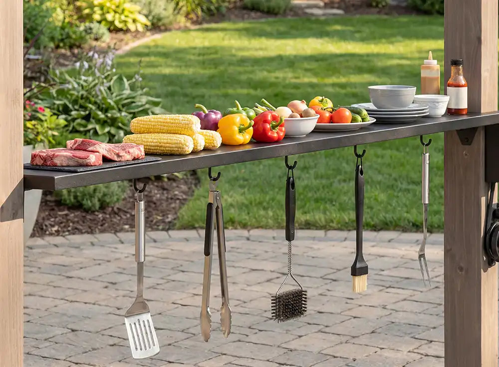 SUNJOY 8x12 Black Hardtop Grill Gazebo with Electrical Outlets and Shelves