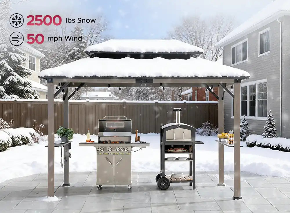 SUNJOY 8x12 Black Hardtop Grill Gazebo with Electrical Outlets and Shelves