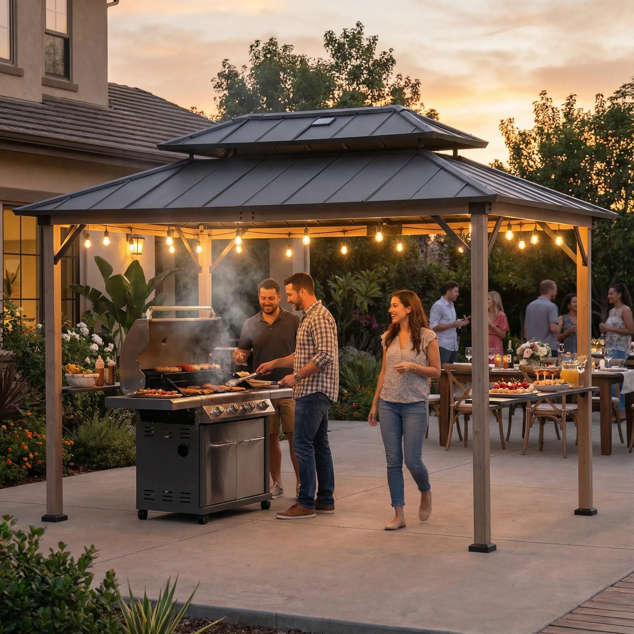 SUNJOY 8x12 Brown Wood Grill Gazebo with Solar Power and Shelves