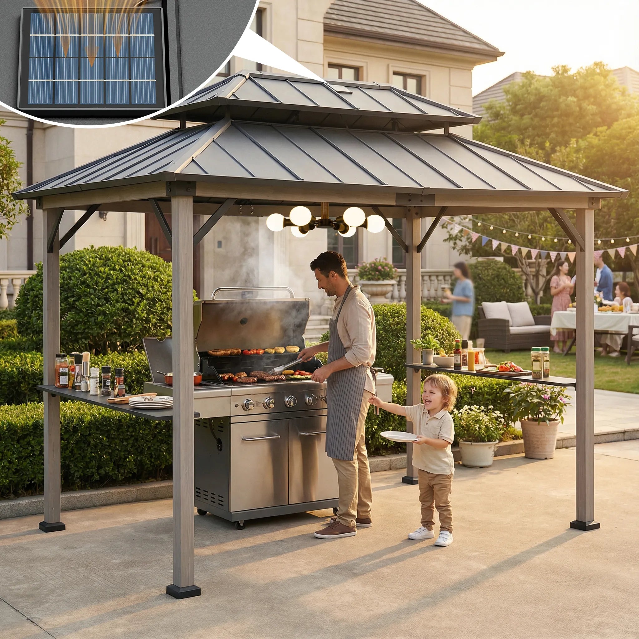SUNJOY 8x12 Black Wood Grill Gazebo with Solar Power and Shelves