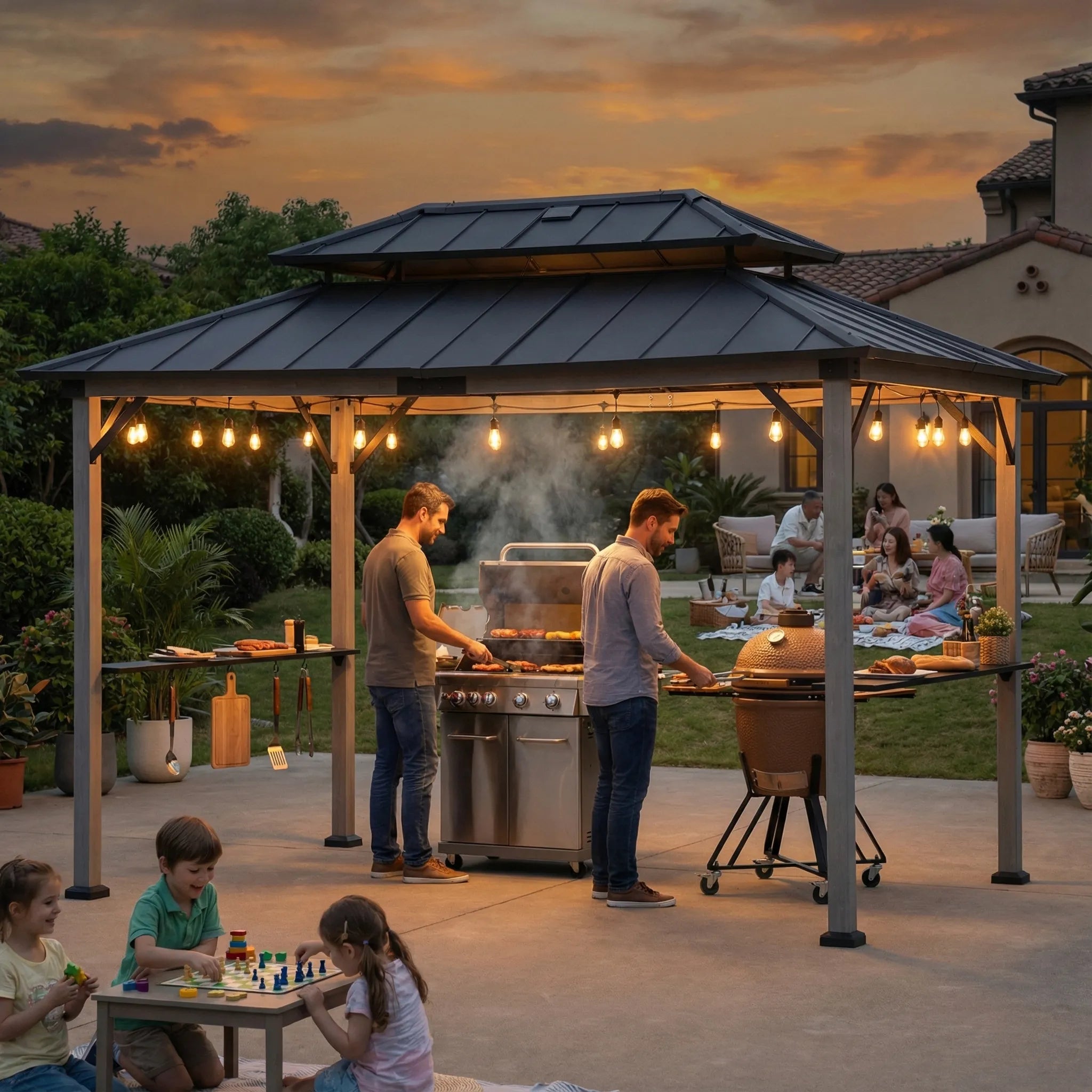 SUNJOY 8x12 Black Wood Grill Gazebo with Solar Power and Shelves