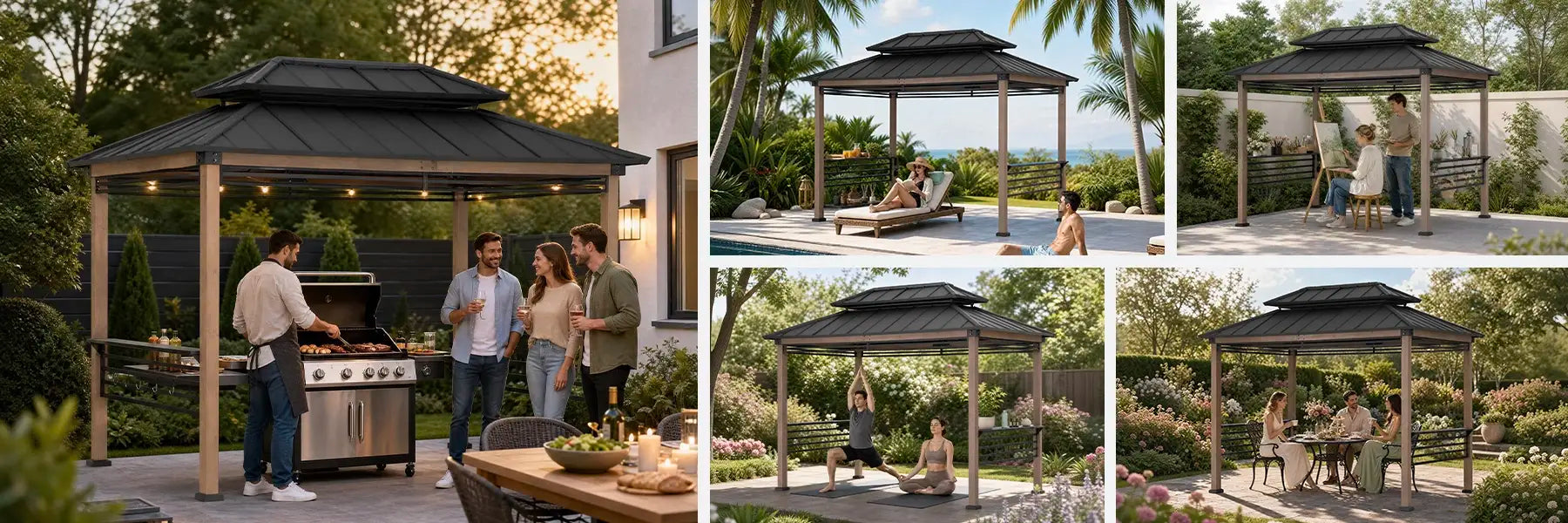 SUNJOY 8x12 Hardtop Grill Gazebo with Electrical Outlets, Fence and Shelves - Brown